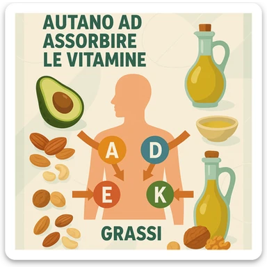 educational infographic with stylized human body, healthy fat sources avocado, oil, nuts and symbols of vitamins A, D, E, K entering body thanks to fats, Italian caption 'I grassi aiutano ad assorbire le vitamine', modern background sticker