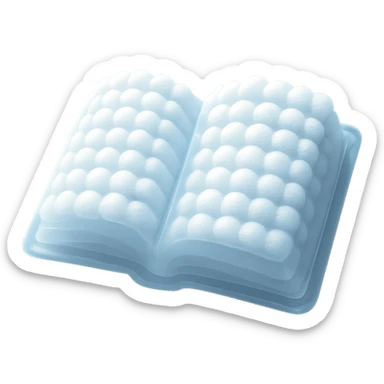 top view of a thick open book made entirely of small, very bright white fluffy convex clouds, matte glass style, no background sticker