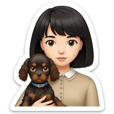 A girl with short black hair and bangs holding a brown cocker spaniel sticker