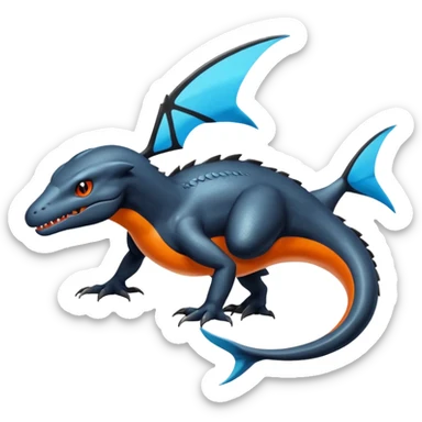 Shiny Black Koraidon-Latios-Salandit-Fakémon-hybrid-creature (full body) with orange belly sticker