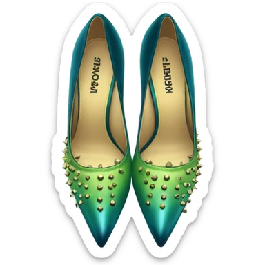 Hyper-realistic top view of a pair of lime green to dark teal blue ombre gold studded pointed toe high heel shoes. sticker