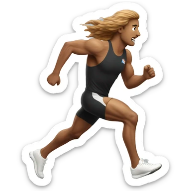 white male athlete running with a flowing, brown mullet sticker