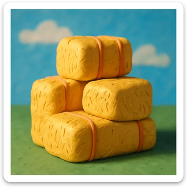stacked hay bales with a blue sky background, playful and colorful, claymation style sticker