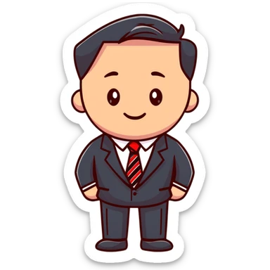 man wearing a suit with black horizontal stripes and a red tie sticker