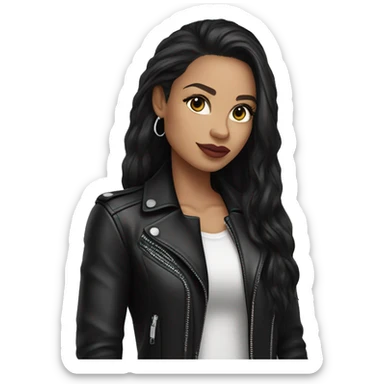 Light skin Glamour brunette in leather jacket long black hair and silver hoop earrings sticker