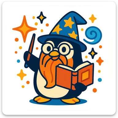 cartoon penguin wizard with glasses, a long beard, and a spellbook, surrounded by magical effects sticker