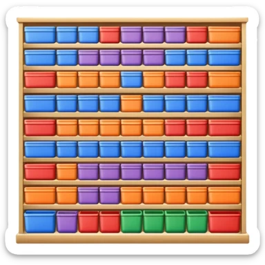 "Each product is stocked in multiple units placed directly behind one another on the same shelf, forming deep horizontal lines of identical items, while different product types are arranged vertically in separate columns." sticker