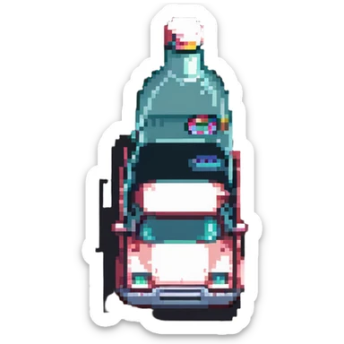pixel art of a car swerving with a bottle nearby, representing drunk driving sticker