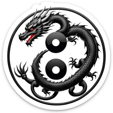 An icon symbolizing Eastern martial arts in the style of an emblem, with a black-and-white Yin-Yang symbol at the center. A dragon is placed on either side, representing strength and wisdom. The design includes bamboo and traditional elements. Transparent background sticker