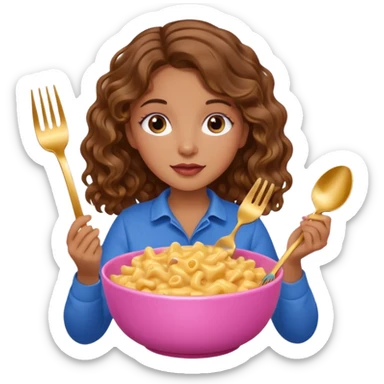tan girl with brown wavy hair and blue eyes eating mac and cheese out of a pink bowl with a gold fork sticker