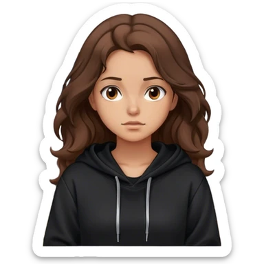 Girl with wavy brown hair wearing black hoodie, In an office sticker