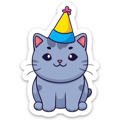 British shorthair blue cat with round face and chubby cheeks wearing a colorful birthday hat sticker