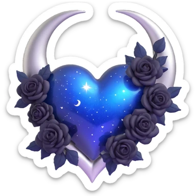 3D emoji gothic heart, midnight blue glass material, silver crescent moon, tiny black roses, shimmering stardust, mysterious and rich style sticker
