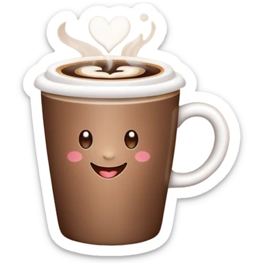 A smiling hot coffee cup with heart-shaped steam, mocha brown tones, kawaii soft hand-drawn sticker style sticker