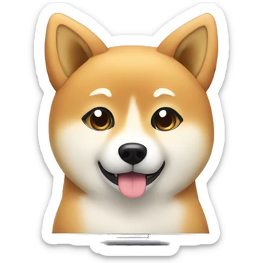 a shiba inu typing on a laptop in cute kawaii style sticker