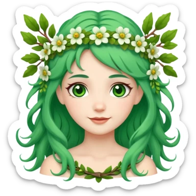 A forest princess with green hair, green eyes, wearing a wreath of flowers and branches sticker