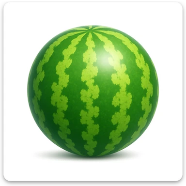 Create a watermelon emoji that looks exactly like the reference image (ignore the crocodile) in the style of iOS emojis. The emoji should have a 3D appearance with shiny, smooth gradients, soft shadows, and a realistic watermelon texture, capturing the classic emoji look. Add a soft shadow under the watermelon. sticker