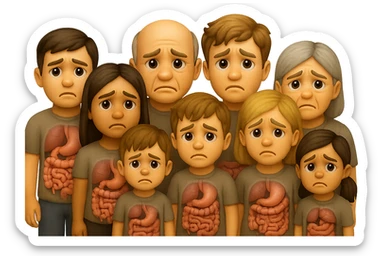 emoji stile iphone di un popolazione di persone con intestino ed espressione triste, iperrealistico 4k, isolato su sfondo bianco sticker