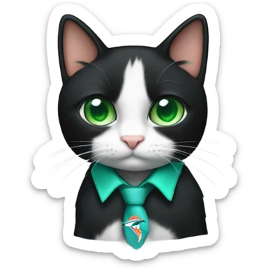 Tuxedo cat with green eyes wearing miami dolphins shirt  sticker