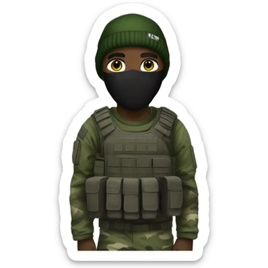 male, tall, white skin, call of duty Logan mask, green camo tactical gear, combat boots, black beanie, hazel eyes sticker