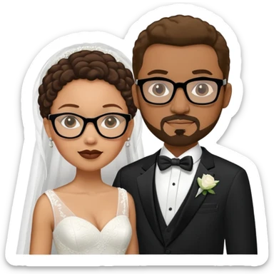 light-skinned African American woman with glasses in a wedding dress and light-skinned man with a black goatee in a tuxedo sticker