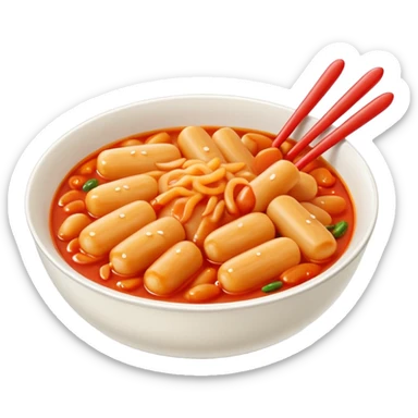 bowl of tteokbokki, Korean spicy rice cakes, glossy 3D look, soft shadows, white background sticker