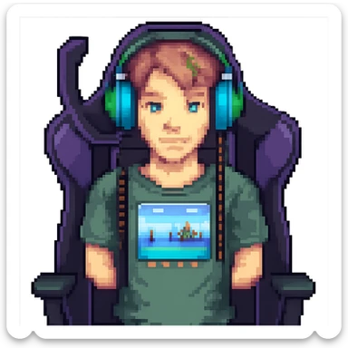Add a gaming chair behind the streamer with headphones in pixel art style. Keep the pixel art style look and no background. sticker