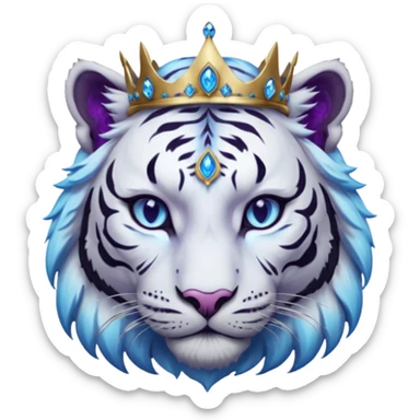 ESO Female white/black tiger khajiit leader of the umbral rose, glowing blue eyes, glowing blue 'third eye' gem; silver crown/tiara with purple gems  sticker