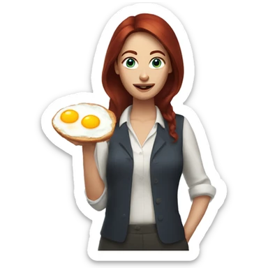 Woman with dark red hair, blue eyes holding fried eggs sticker