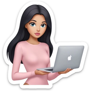Glamours, tanned, very beautiful girl, with big pump peach-beige-rose lips, black straight smooth silky long hair, straight parting, blue-grey eyes, in light-pink bodysuit holding MacBook sticker