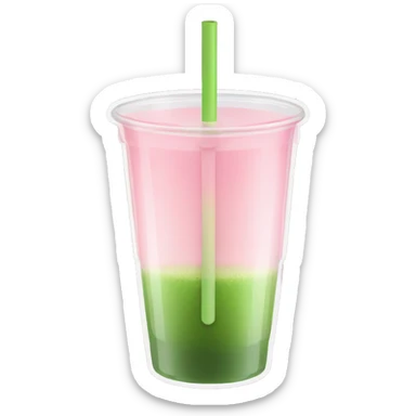 Clear cup. The bottom half of the cup has a light pink liquid, and the top half is matcha green. A transparent straw sticks out.  sticker