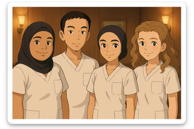 Variation 2: Four nursing students side by side in a warm indoor ambiance, wearing white short-sleeve uniforms without stand-up collars or hijabs under the sleeves, no stethoscopes. Tops are medical tunics with V-neck and left chest pocket. Each student has the face from the provided portraits, in Ghibli style, group composition. sticker