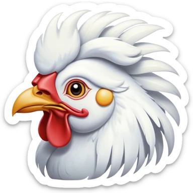 Cinematic Noble White Rooster Portrait Emoji, Poised and regal, with a robust, commanding build and a pristine, well-groomed pure white plumage, deep-set soulful piercing eyes, Simplified yet sharp and sophisticated features, highly detailed, glowing with a soft, dignified glow, high shine, intelligent and proud, stylized with an air of barnyard majesty, focused and attentive, soft glowing outline, capturing the essence of a watchful and confident leader, so majestic it feels as though it could crow out of the screen with effortless authority! sticker