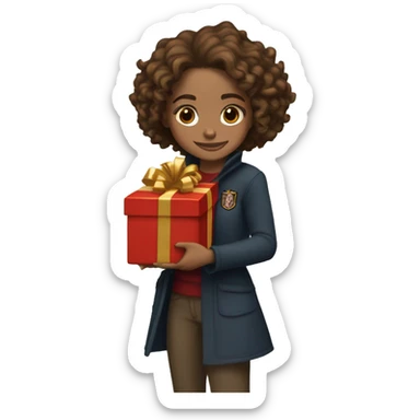 Hermione Granger (with Harry Potter film) holding a stack of Christmas presents, with a warm, festive smile, standing in front of a twinkling Christmas tree sticker