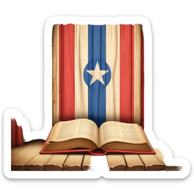 Ancient book with Puerto Rican flag subtly integrated on cover, carved wooden theater curtains symbol, warm vintage textures, soft glow representing timelessness and theatrical design heritage sticker
