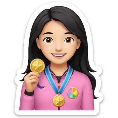 black haired girl wearing pastel pink with one medal, remove any hats, make her smile, make her hair longer, make her tan. no blue please and i said one medal only sticker