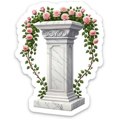 White tall marble pedestal with vines growing and gorgeous roses flowers beautiful romantic scenery garden scenic  sticker