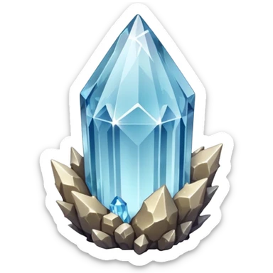 A single crystal rock inspired by a clear quartz cluster, amorph base with many tall transparent crystal spikes growing upward all around it with a face sticker