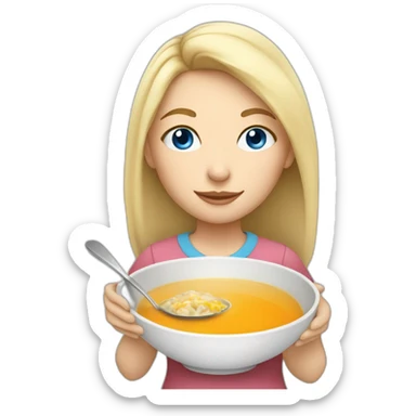 Light blonde girl with blue eyes in a shirt eating soup sticker