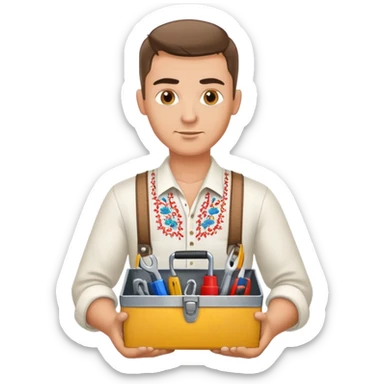 Ukrainian man in traditional embroidered shirt holding a toolbox sticker