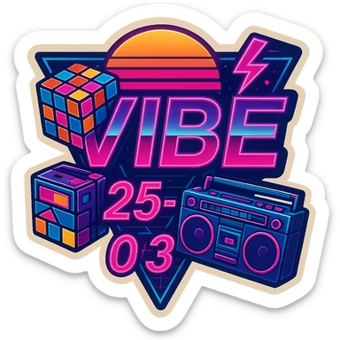 Add a Rubik's cube and a cassette player to this 80's retro VIBE25-03 logo, keeping the neon synthwave style and vibrant colors, with no background. Maintain the vibrant neon synthwave aesthetic and retro vibe. sticker