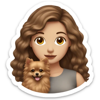 White girl with brown long wavy hair holding a pomeranian sticker
