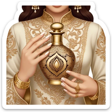 A mesmerizing close-up of henna-adorned hands delicately holding an ornate perfume bottle. The deep, intricate henna patterns beautifully contrast against the soft skin, while the luxurious gold-embellished bottle exudes opulence and tradition. sticker