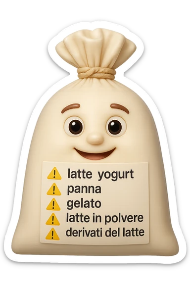 SU QUESTO STILE FAI UN EMOJI STILE IPHONE 3D DI UNa busta di mozzarelle con ETICHETTA CON GLI INGREDIENTI SCRITTI, "latte, yogurt, panna, gelato, latte in polvere, derivati del latte." accanto ad ogni nome scritto mettici un segnale di allarme, FALLO MOLTO REALISTICO IN 3D sticker