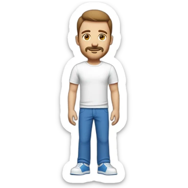 a white man with a round brown head with a small beard with a mustache with medium-short hair a wide white t-shirt and very wide blue pants and white shoes sticker