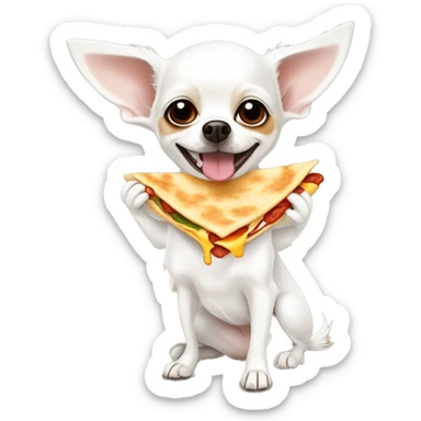 Long-haired white Chihuahua with reddish-brown markings eating a quesadilla sticker