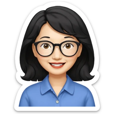 60 yr old asian woman, wavy thick black hair past shoulder length, side part, side swept bang, big smile, collared shirt sticker