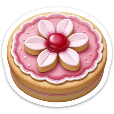 Realistic shortbread cookie in the shape of a cherry blossom with pale pink color jelly middle filling and sprinkled powder sugar on top. sticker