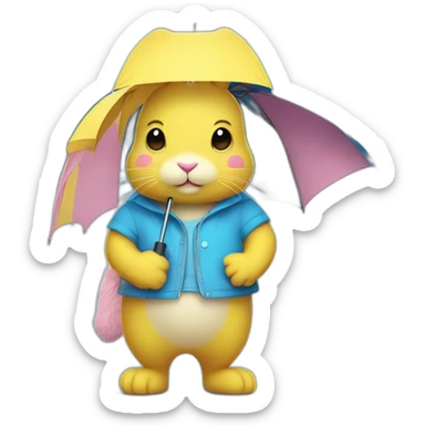 Pink fur rabbit dressed in a yellow tee shirt holding blue umbrella sticker