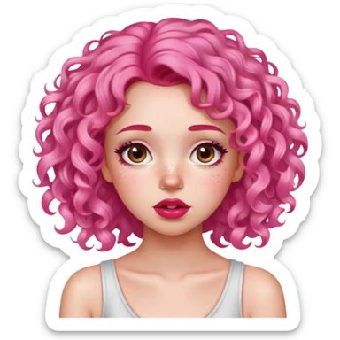 Cute girl with freckles, pink curly hair, pink makeup and red lips, she's embarrassed sticker